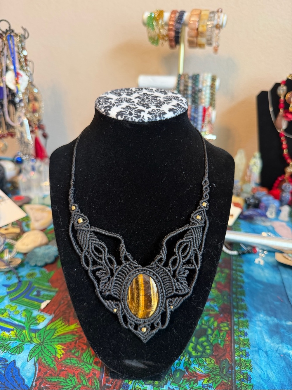 Handmade Black Macramé Necklace with Tiger Eye Stone